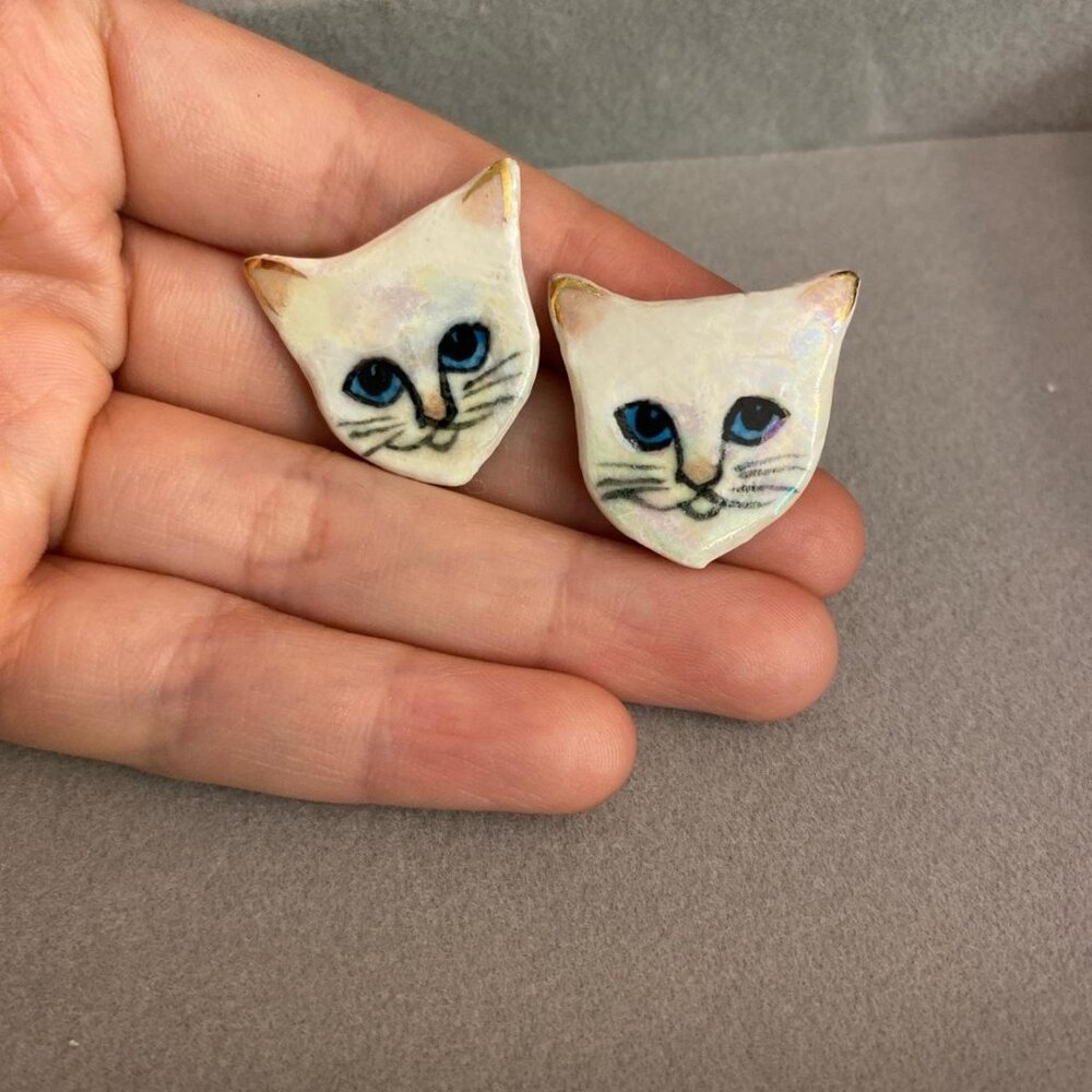 White cat  earrings with blue eyes ceramic earrings